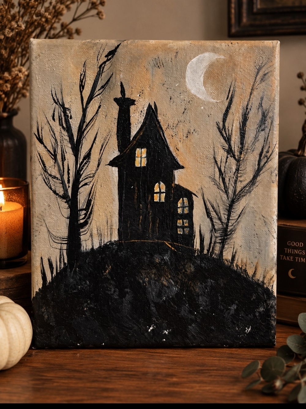 Moody Black & Beige Haunted House Canvas Wall Art